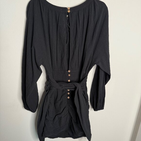Free People Women's Small Mini Dress Black Long Sleeve Ruched Tie Waist Party - Picture 3 of 5